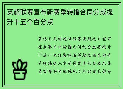 英超联赛宣布新赛季转播合同分成提升十五个百分点 英超联赛宣布新赛季转播合同分成提升十五个百分点