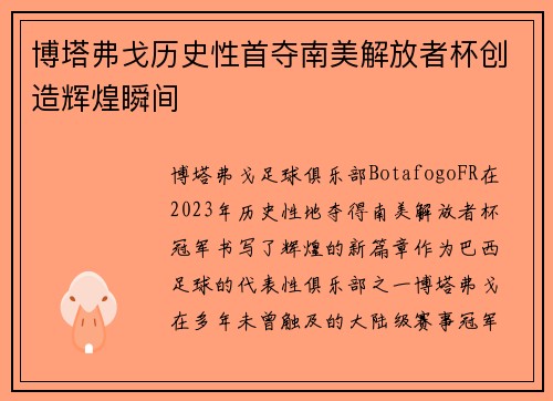 博塔弗戈历史性首夺南美解放者杯创造辉煌瞬间